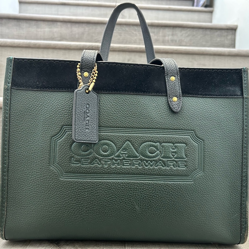 Coach Dark Green and Black Leather Tote